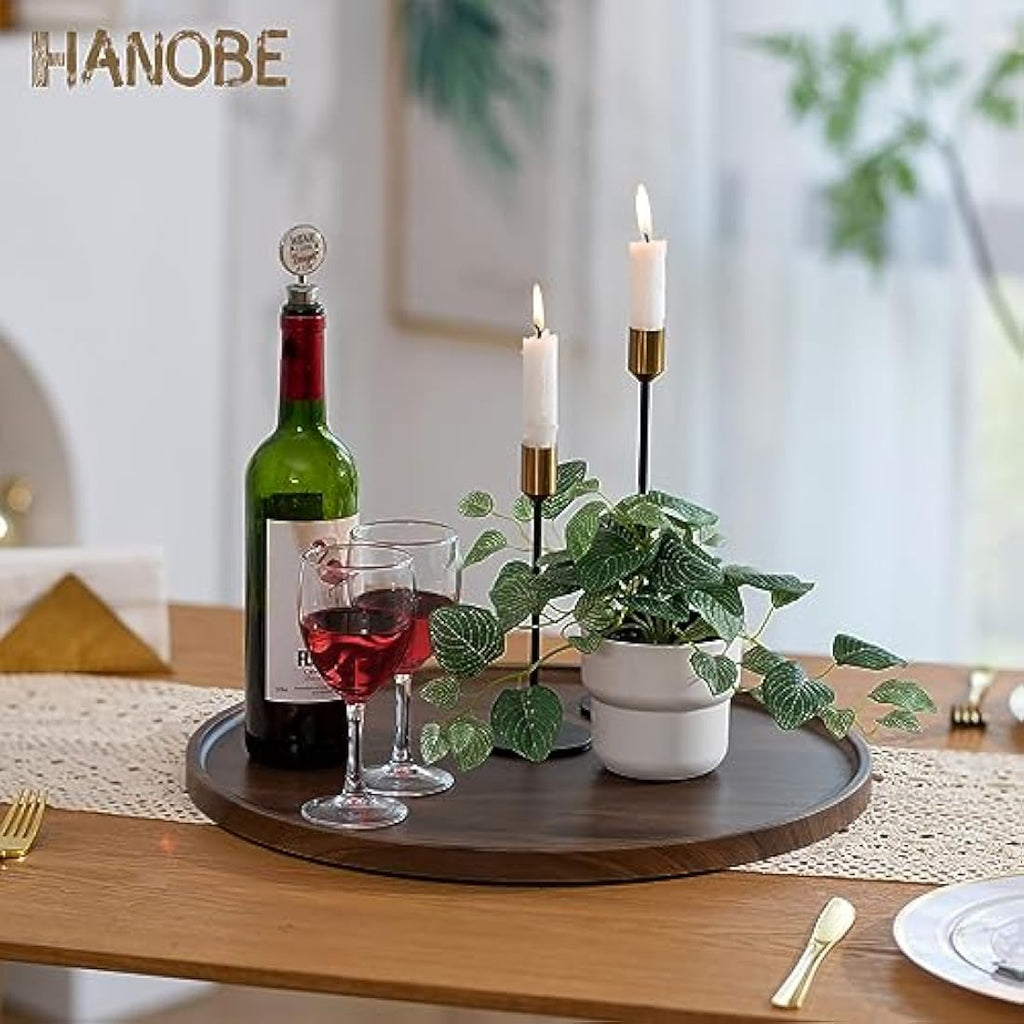 Hanobe Large Round Ottoman Serving Tray – 45cm Walnut Wood Coffee Table Tray