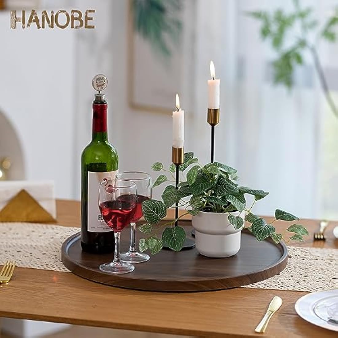 Hanobe Large Round Ottoman Serving Tray – 45cm Walnut Wood Coffee Table Tray