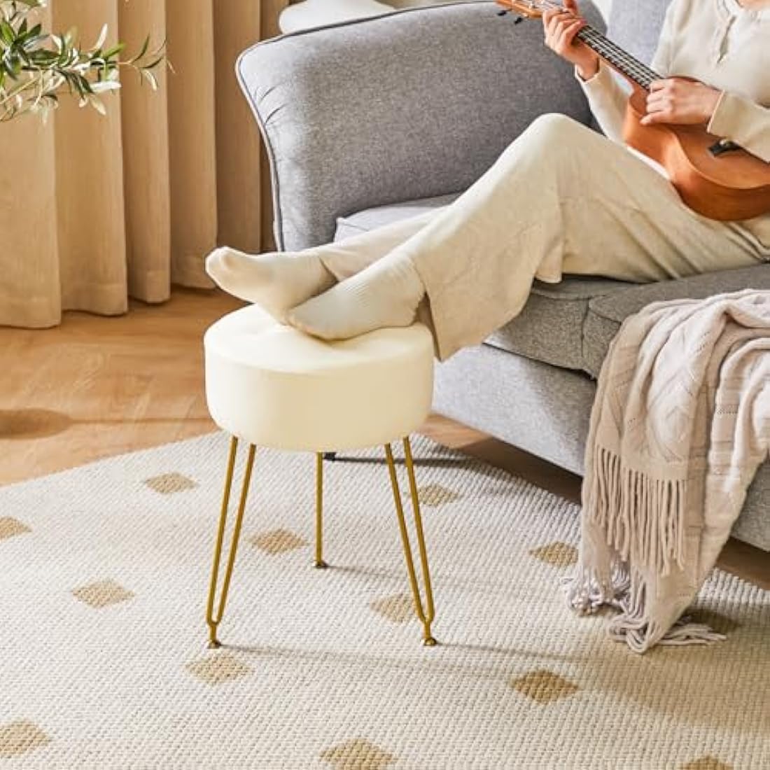 IBUYKE Faux Leather Round Vanity Stool | Footrest with Golden Legs