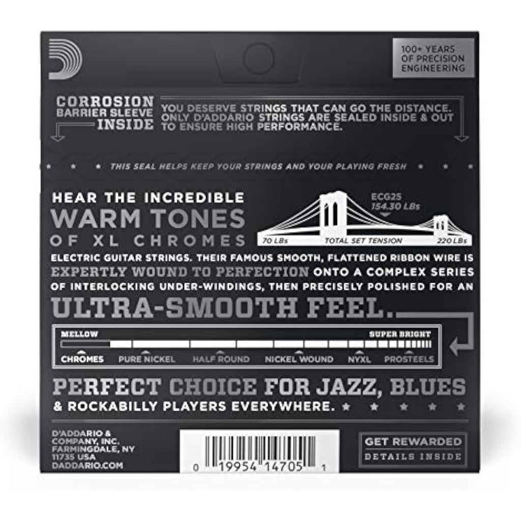 D'Addario XL Chromes Flat Wound Electric Guitar Strings | 12-52 Light