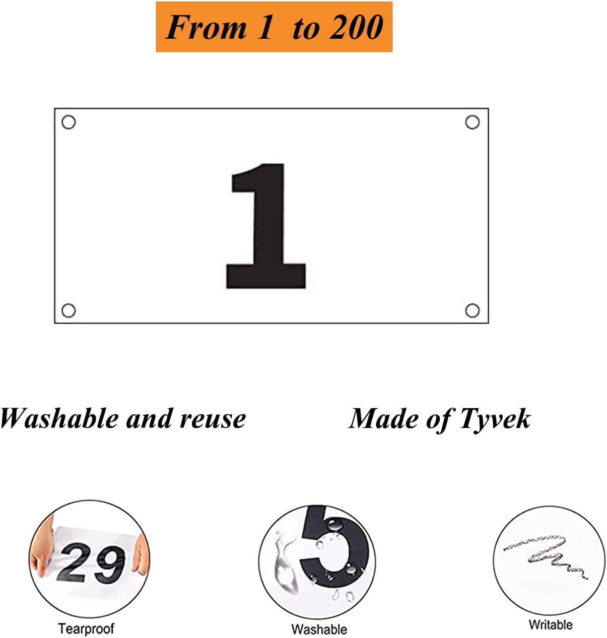 Kyzistn Tyvek Running Race Bibs 1-200 | Waterproof Marathon Numbers