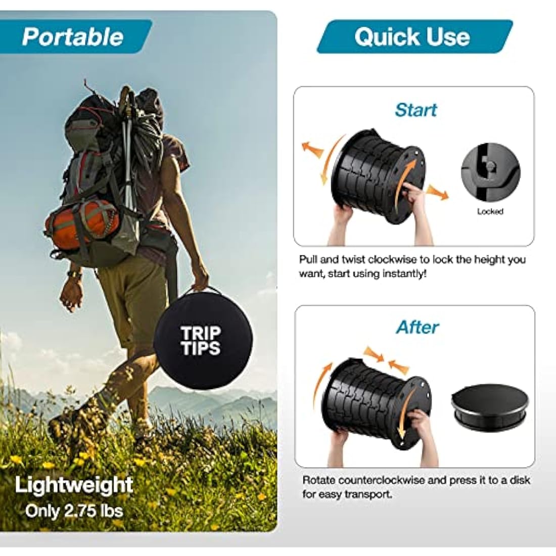 TRIPTIPS Portable Camping Toilet | Retractable Folding Potty, XL Size