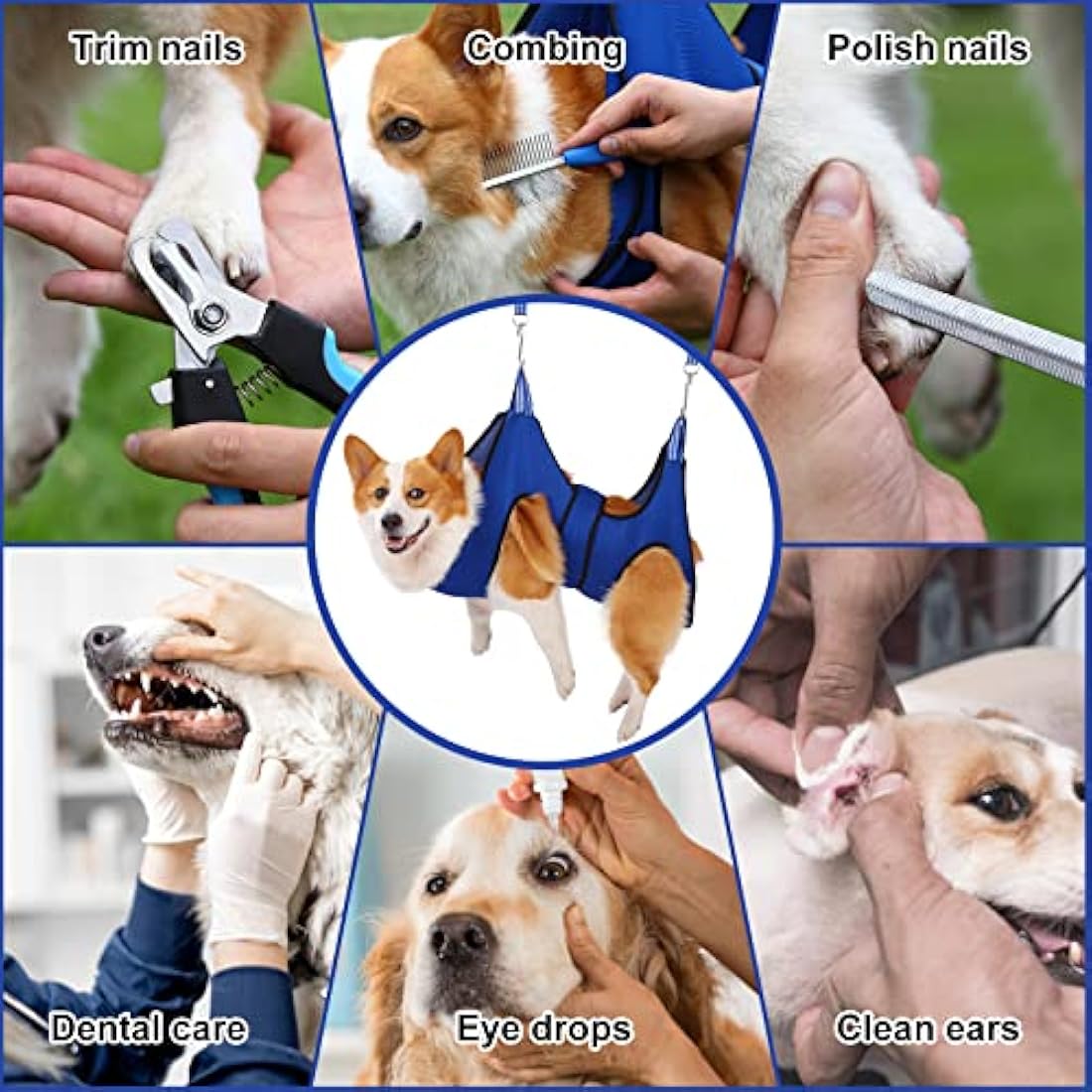 Kkiimatt Dog Grooming Hammock Harness with Nail Clippers - Blue, Large