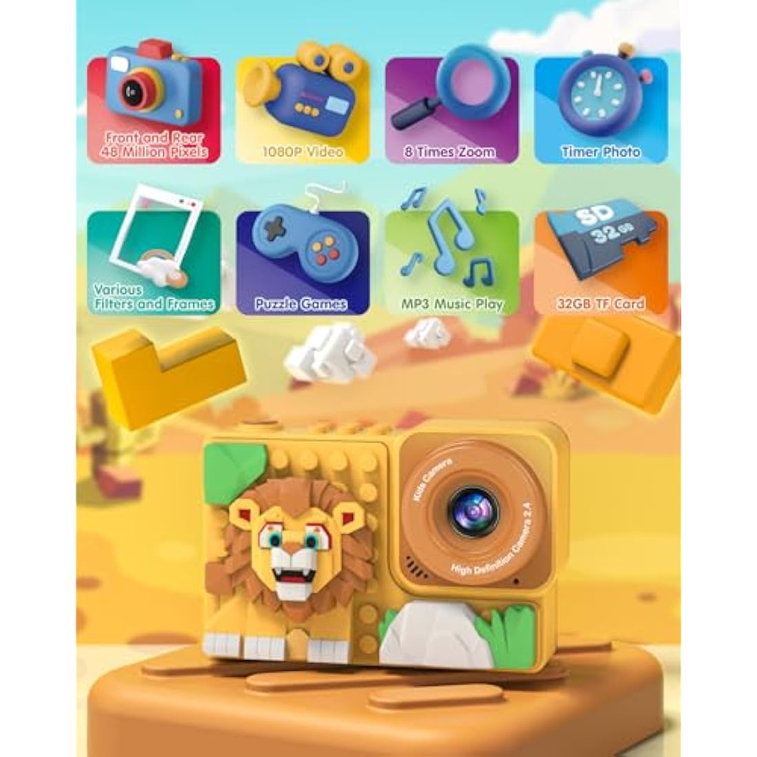 Kizeefun Kids Digital Camera – Building Block Toy with 32GB SD Card