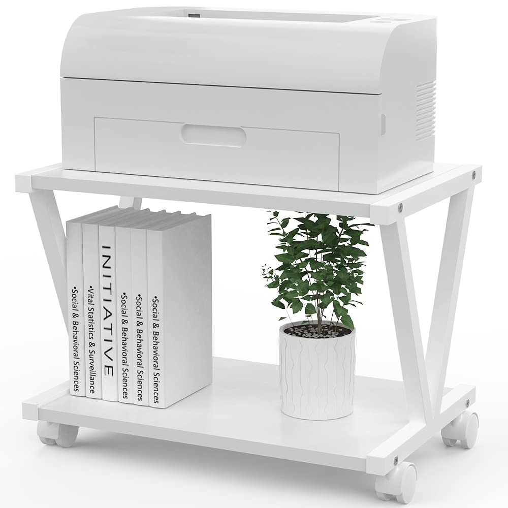 VEDECASA 2-Tier Printer Stand with Wheels | Wood Desktop Storage, White