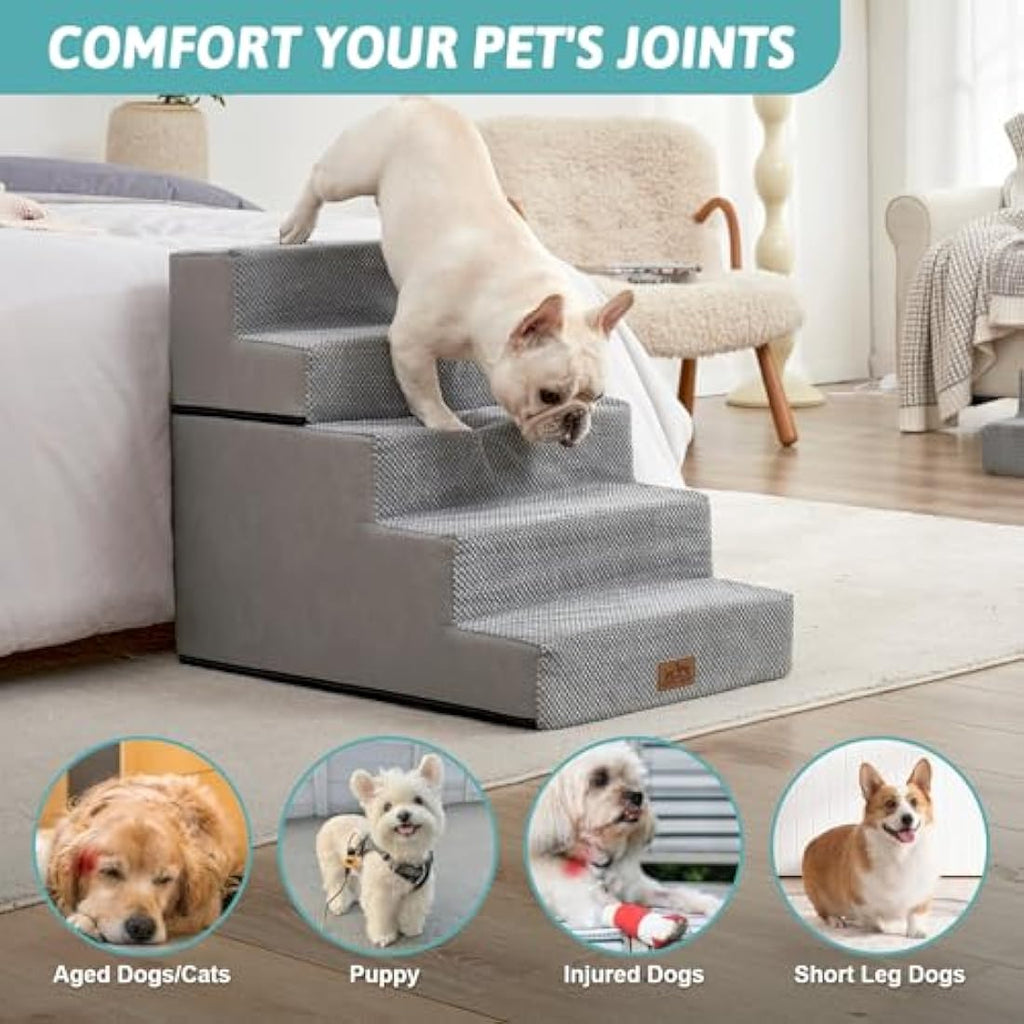 COZY KISS 5-Tier Wide Dog Stairs – Foldable High-Density Foam Pet Steps