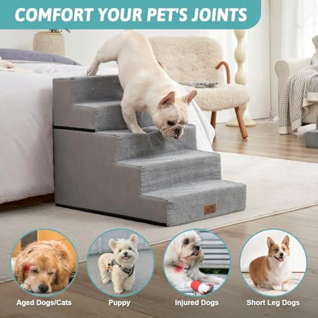 COZY KISS 5-Tier Wide Dog Stairs – Foldable High-Density Foam Pet Steps
