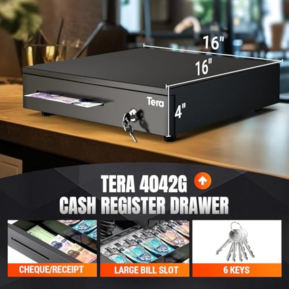 Tera 16" Cash Register Drawer | 5 Bill 8 Coin POS Tray with 6 Keys