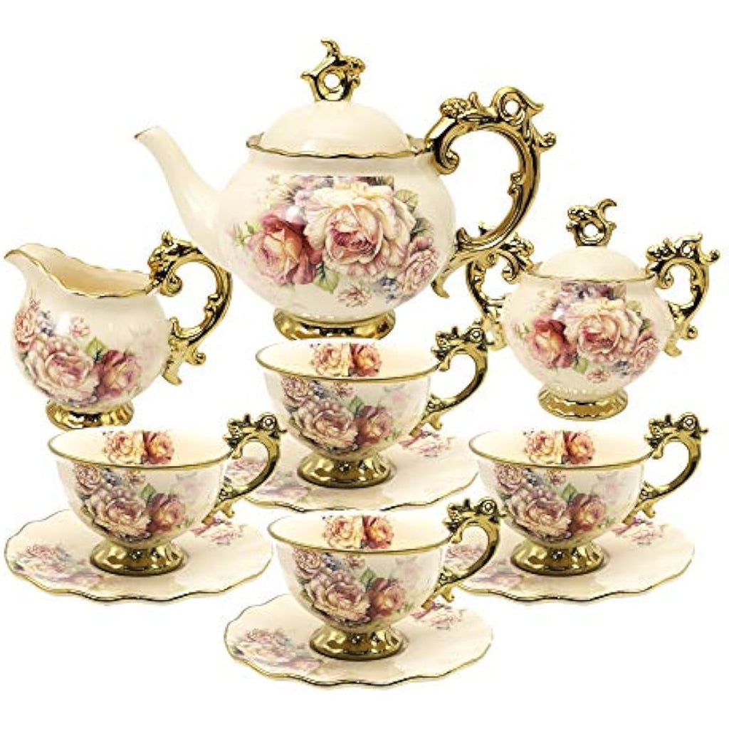 fanquare 15-Piece Floral Porcelain Tea Set | British Royal Tea Service