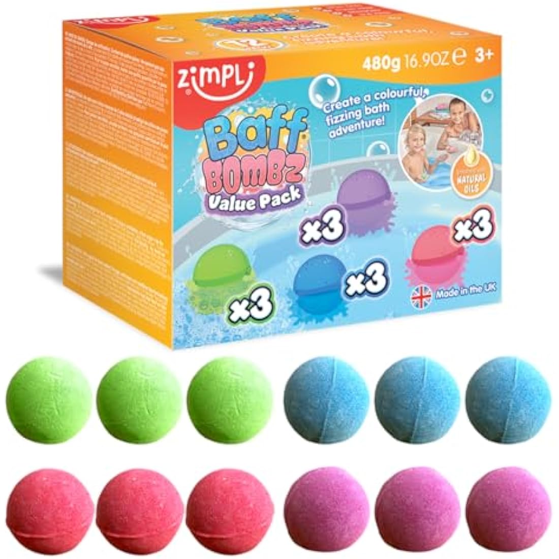 Zimpli Kids Baff Bombz - 12 Pack Vegan Moisturizing Bath Bombs Gift Set