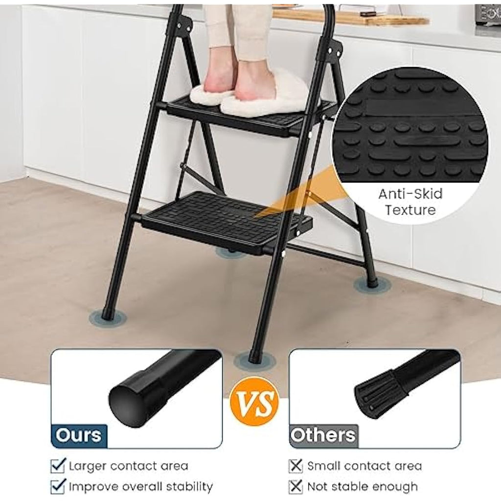 TANGZON 2-Step Folding Ladder | Heavy-Duty Steel Stool with Handrail