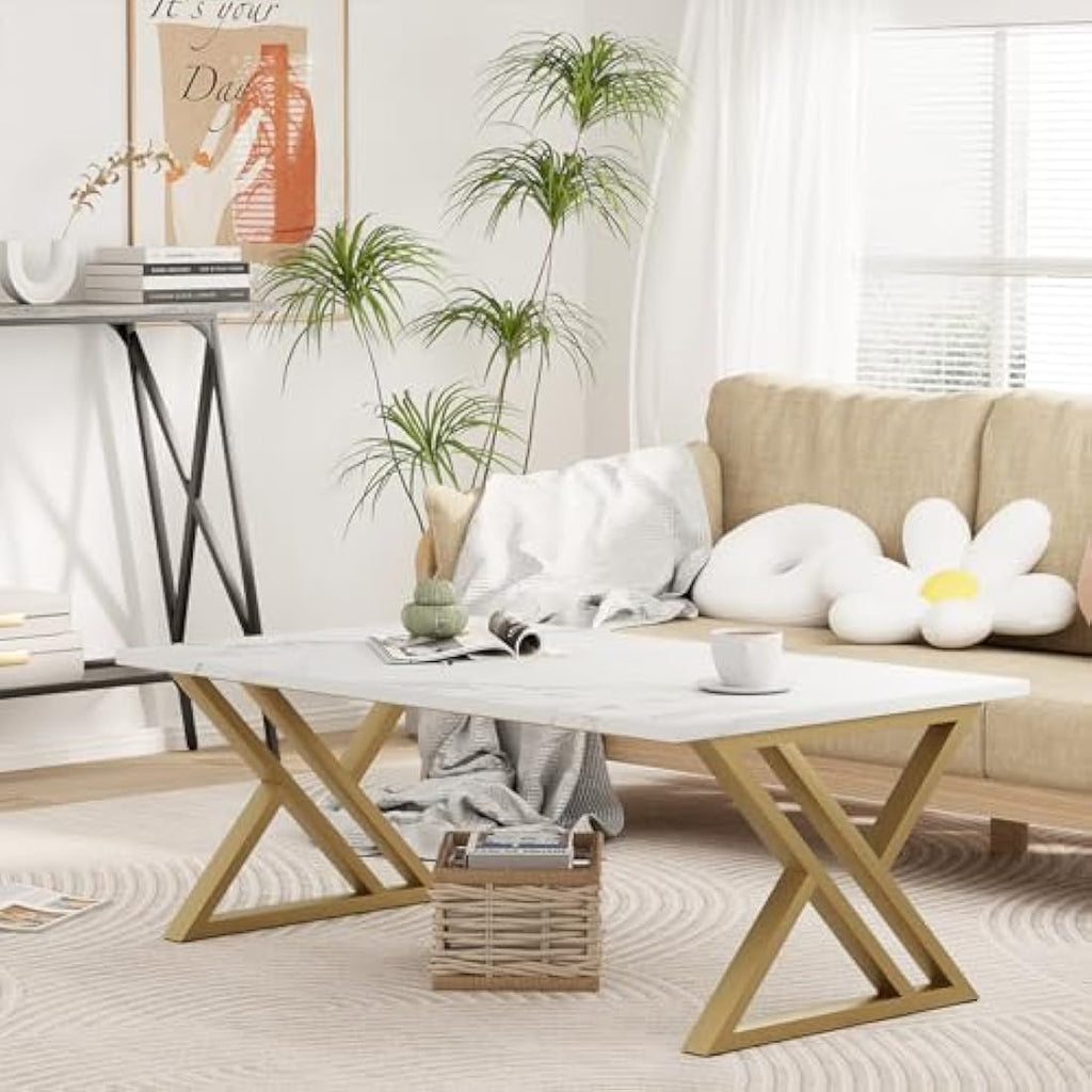 Jolof Store Modern Rectangular Coffee Table | White & Gold Metal Frame