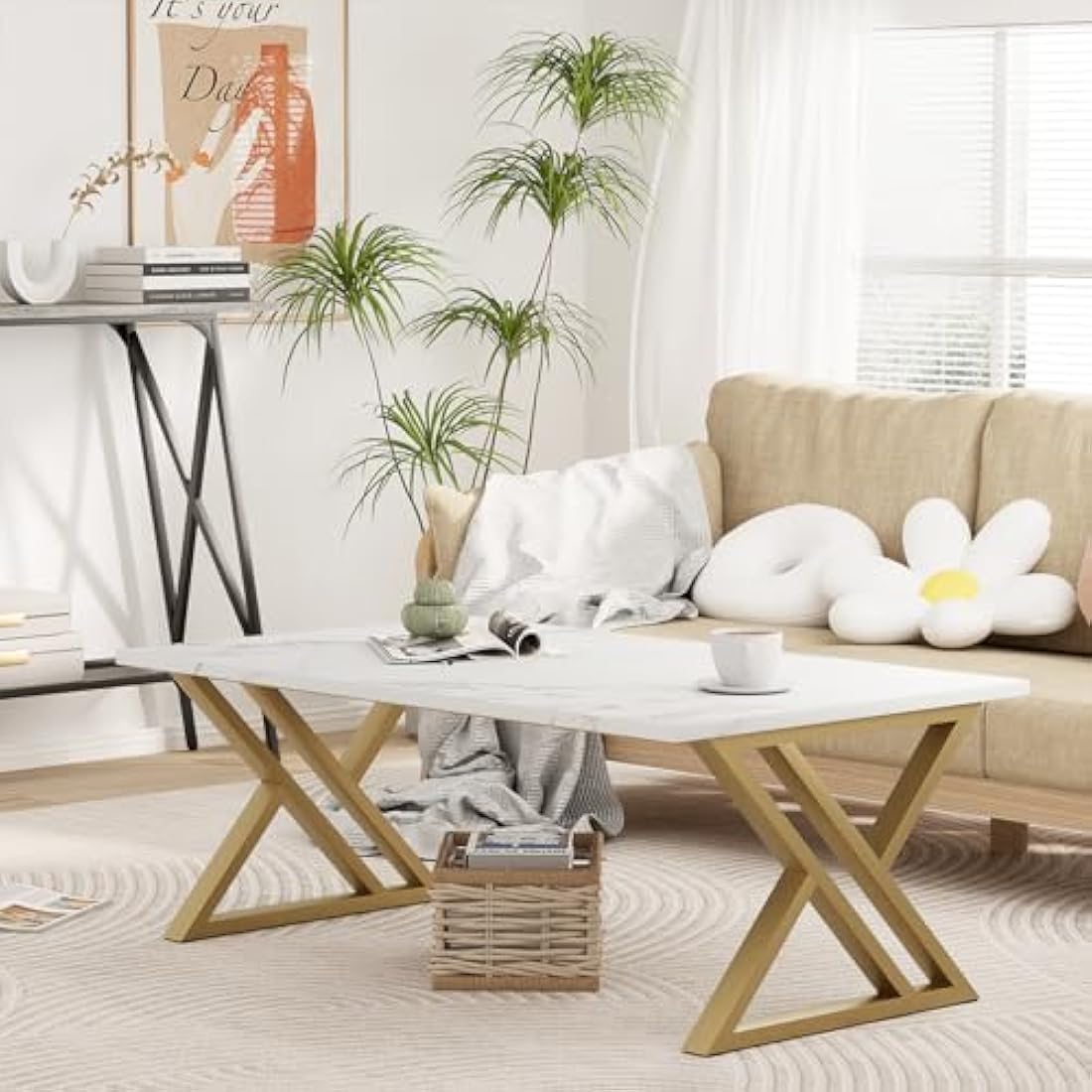 Jolof Store Modern Rectangular Coffee Table | White & Gold Metal Frame