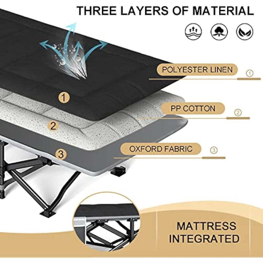Heavy-Duty Camping Cot with Cushion and Pillow – Black