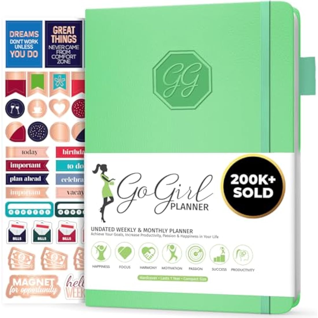 GoGirl Undated Weekly Planner – Compact Goal Journal & Organizer, Mint Green
