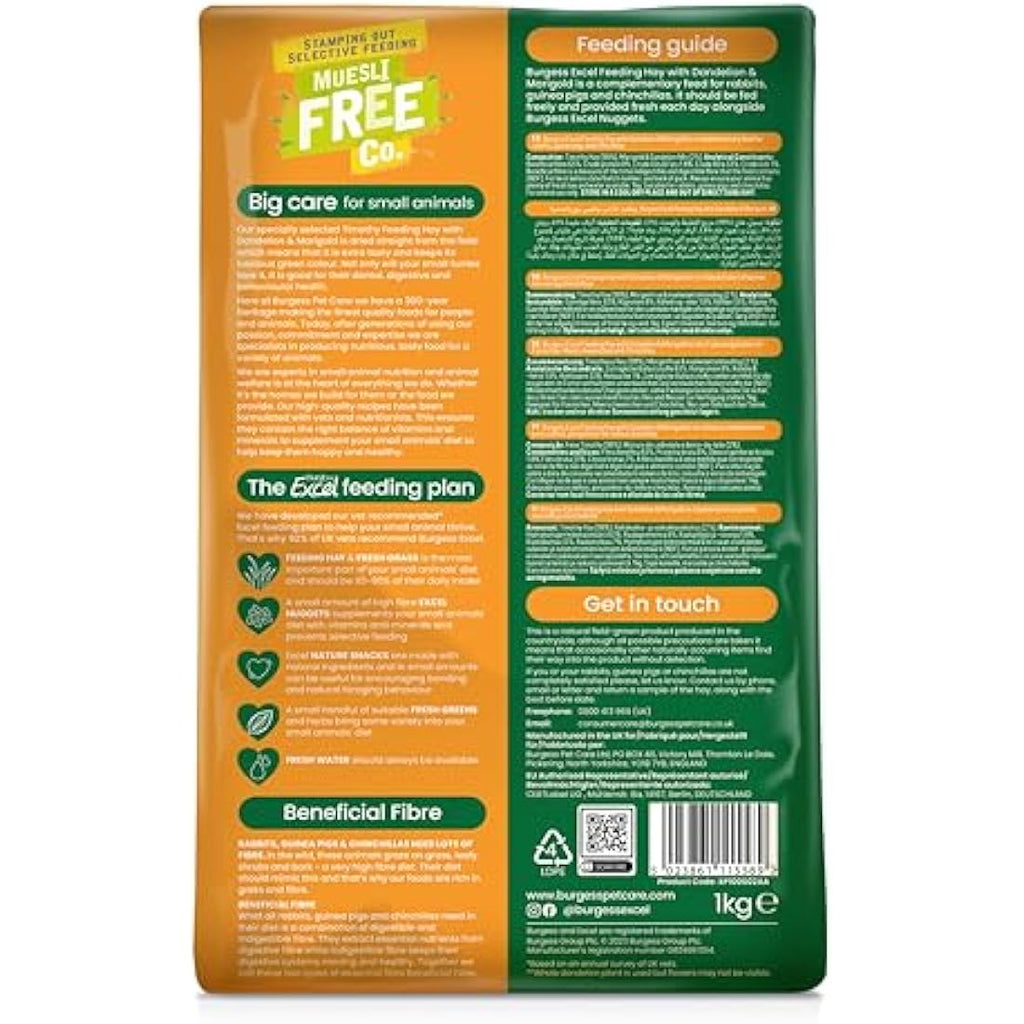 Burgess Excel Dandelion & Marigold Timothy Feeding Hay for Small Animals, 1kg