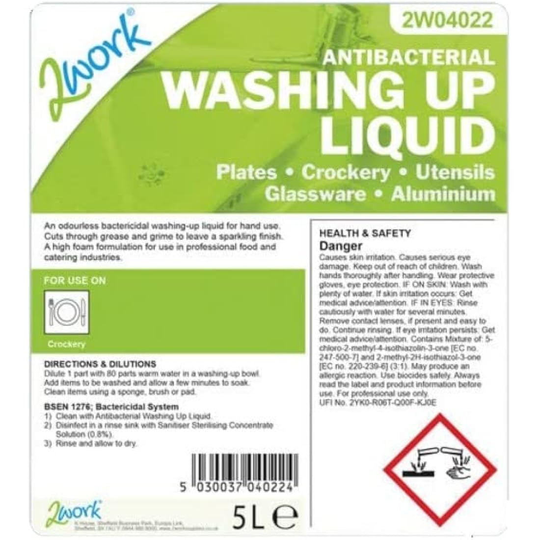 2Work Antibacterial Washing Up Liquid – 5 Litre Professional Detergent