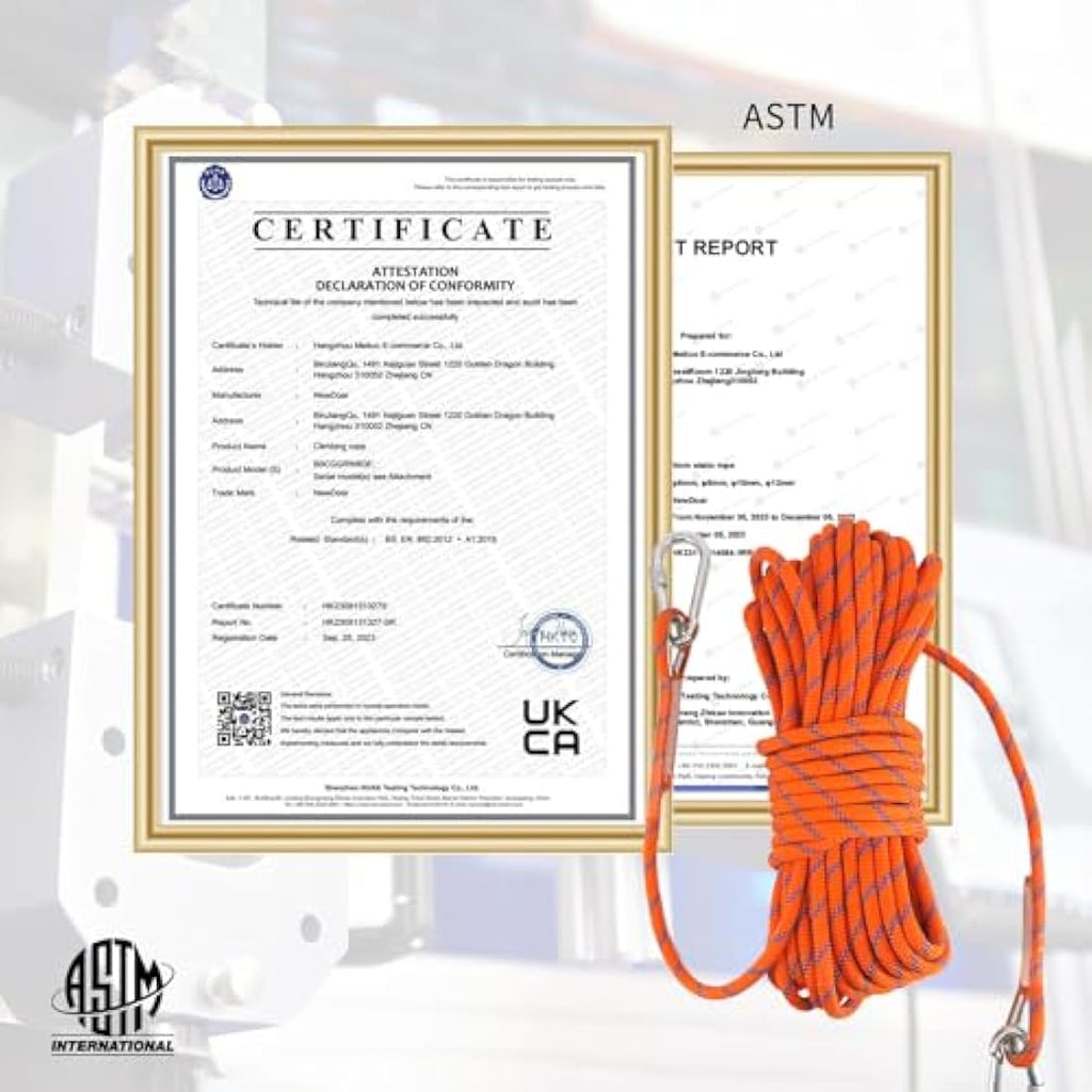 NewDoar 10mm Static Climbing Rope – 18KN Safety Cord with 2 Carabiners