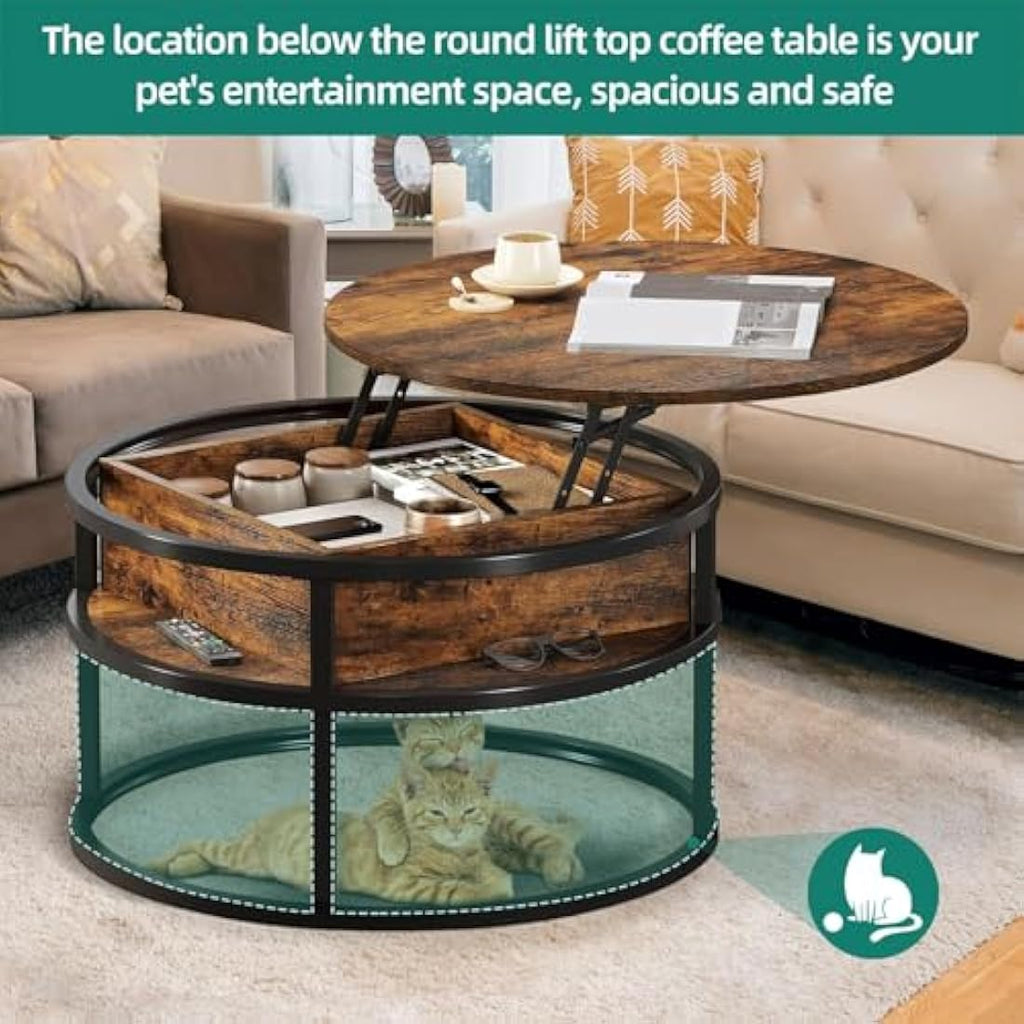 YITAHOME Round Lift Top Coffee Table with Hidden Storage – Brown Wood