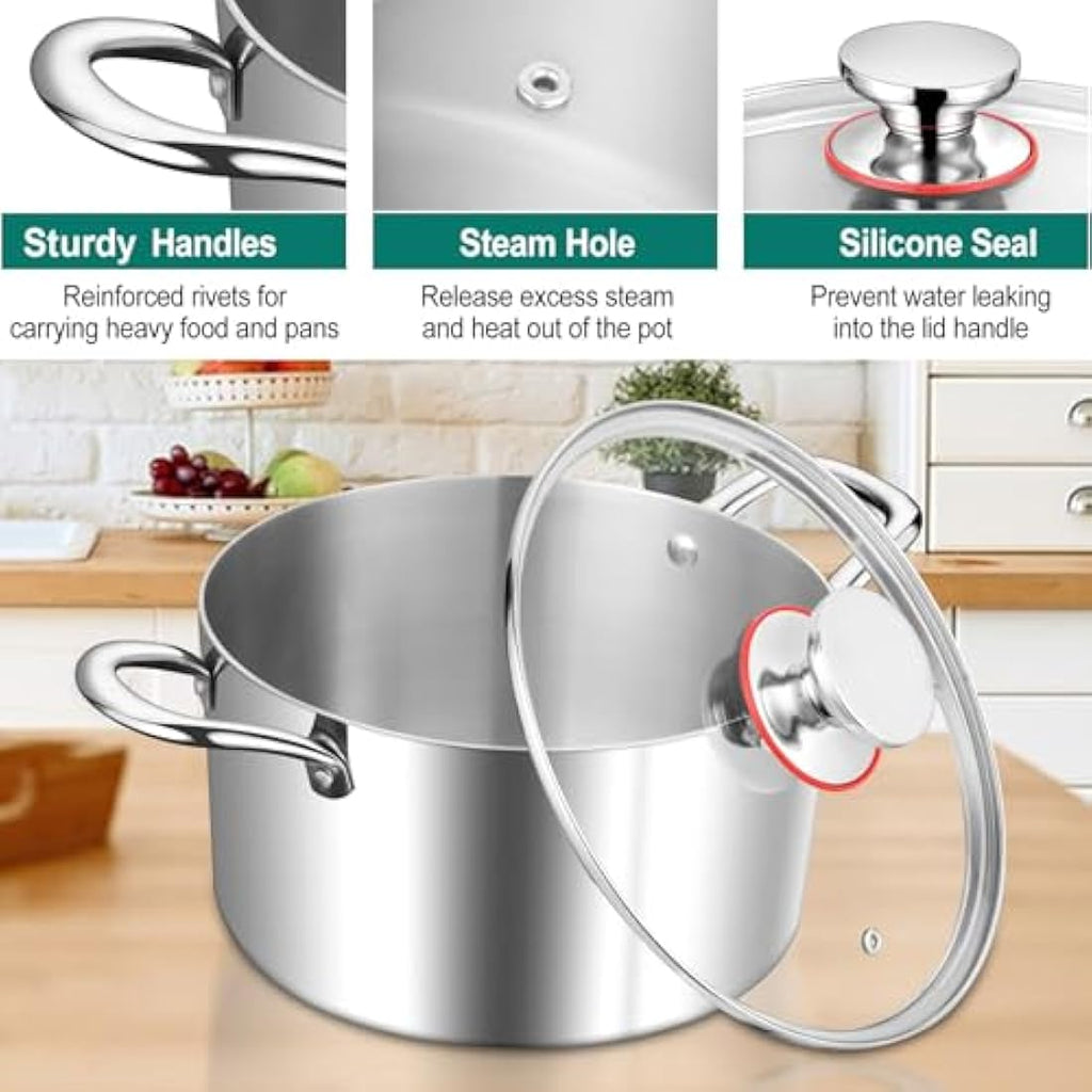 HaWare 7.7L Tri-Ply Stainless Steel Stockpot with Glass Lid