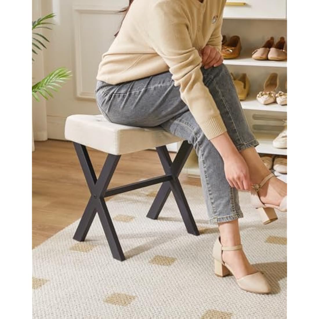 IBUYKE U-Shaped Linen Vanity Stool | Square Makeup Ottoman with X-Leg