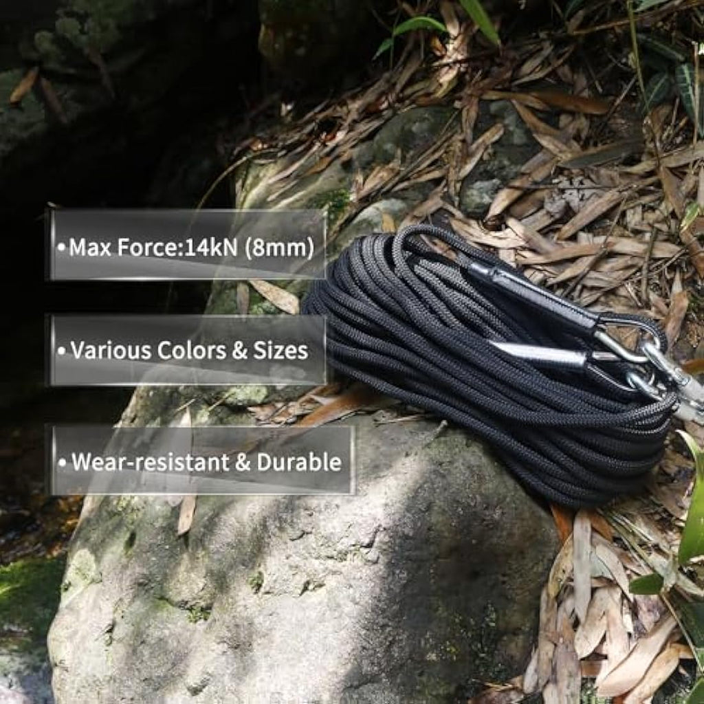 NewDoar 8mm Static Climbing Rope – 14KN Safety Cord with 2 Carabiners