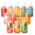 Finew 12-Pack Can Shaped Glass Cups with Bamboo Lids and Straws, 16oz