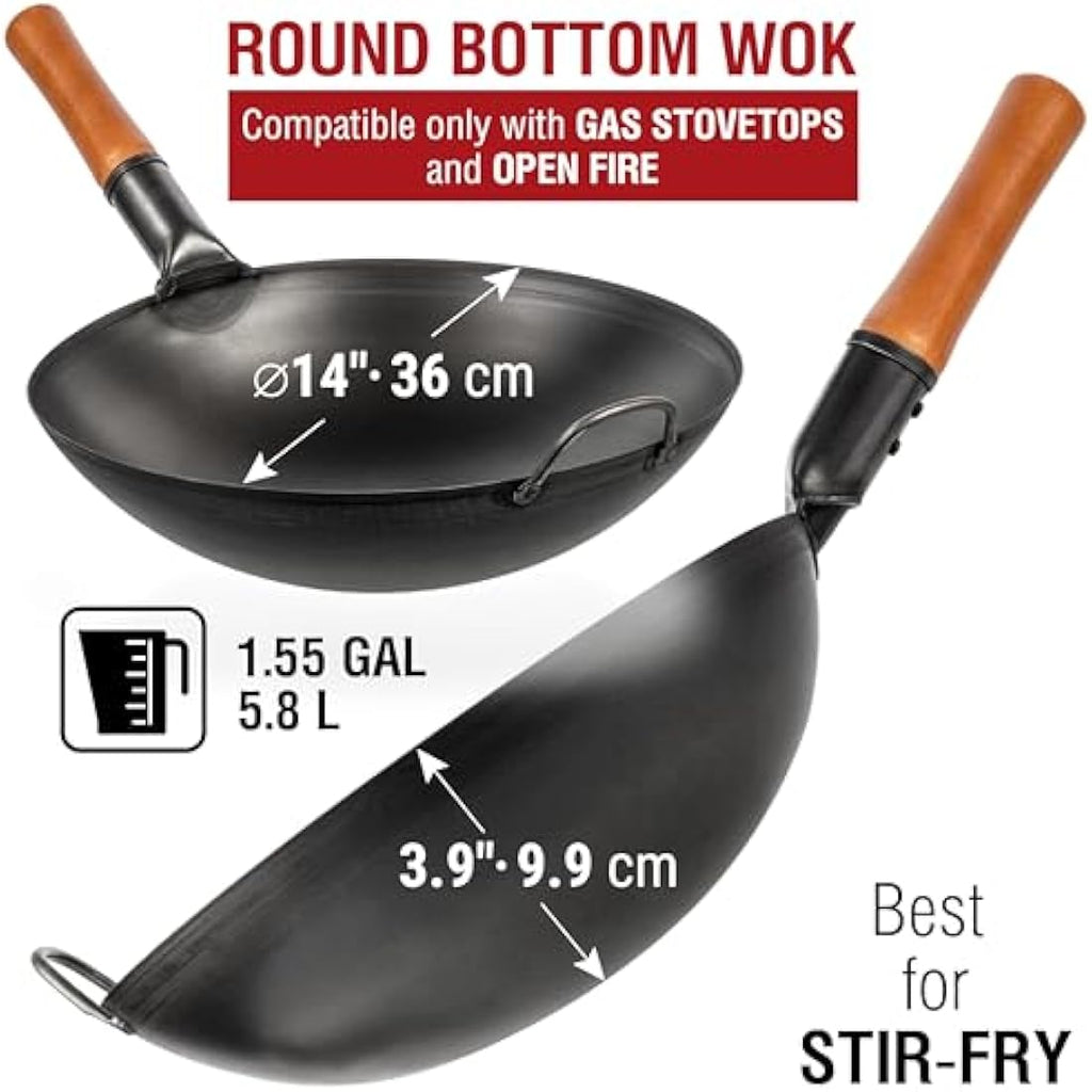 Yosukata 14" Carbon Steel Wok – Round Bottom Pre-Seasoned Chinese Pan