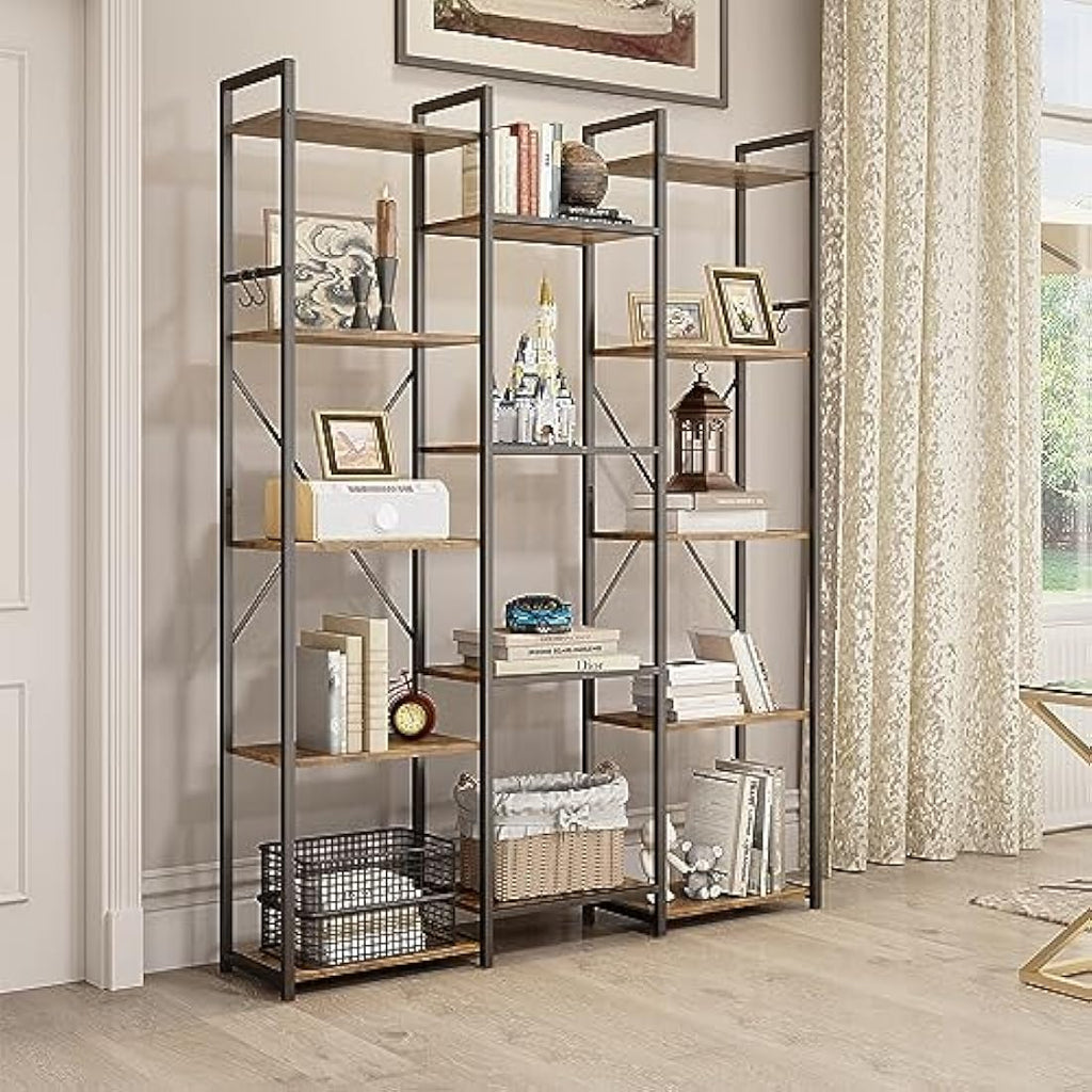 YITAHOME 14-Shelf Triple Wide Industrial Bookcase | Rustic Brown & Metal