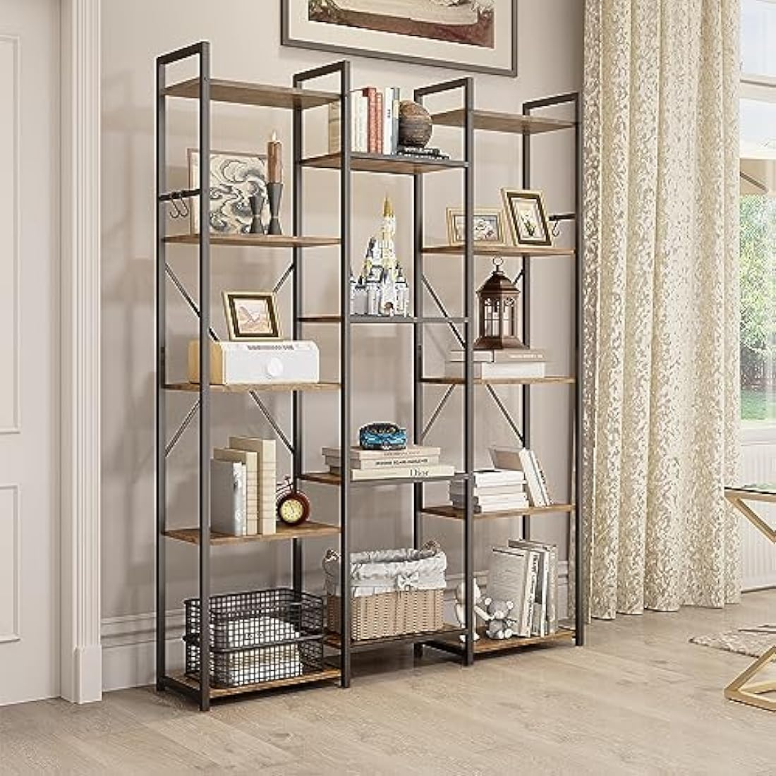 YITAHOME 14-Shelf Triple Wide Industrial Bookcase | Rustic Brown & Metal