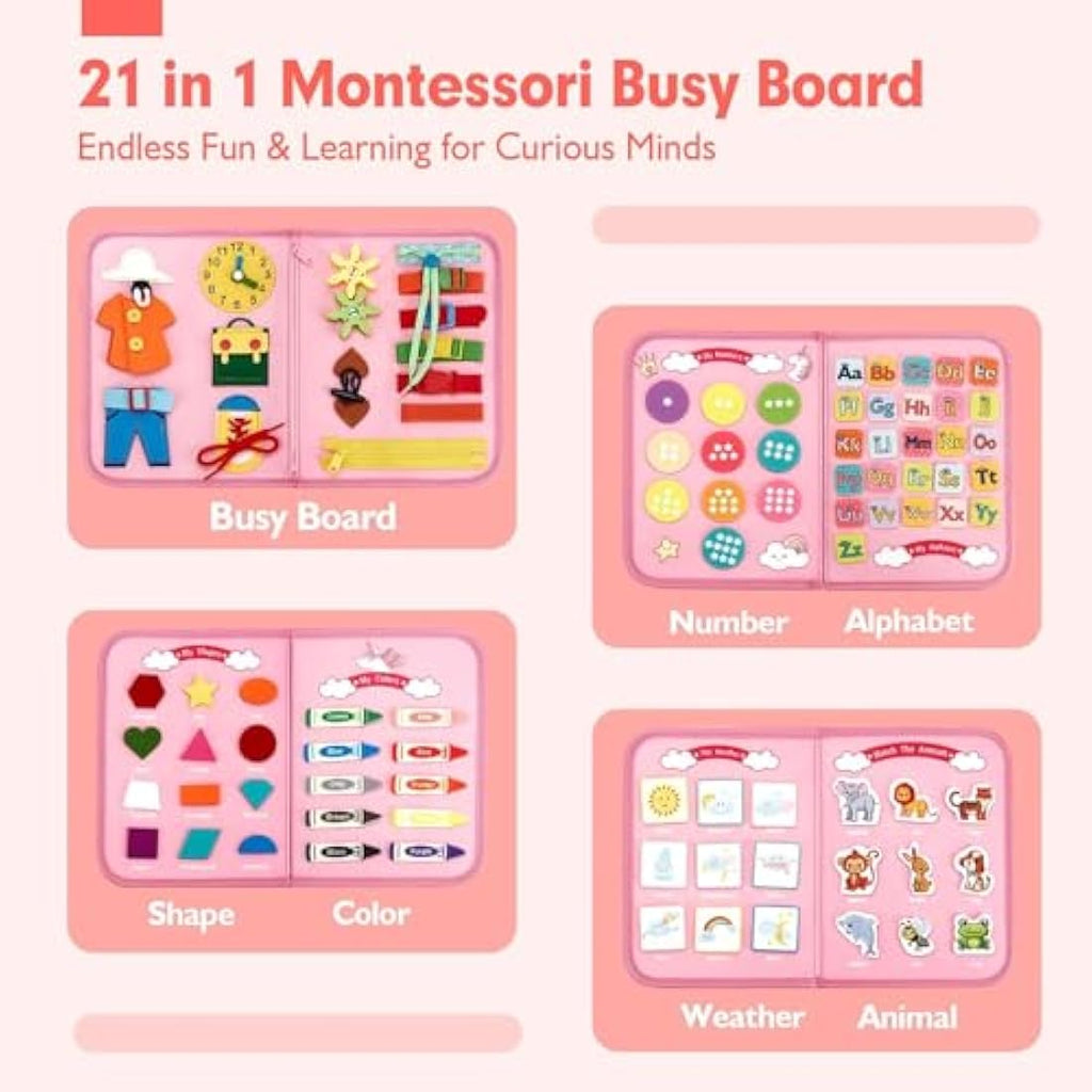 Hahaland Montessori Busy Board - 21-in-1 Sensory Travel Toy - Pink Unicorn