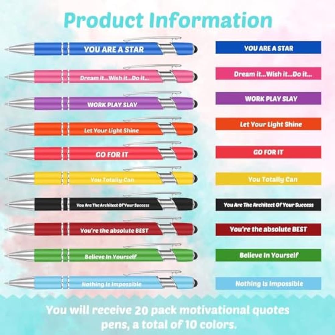 20Pcs Inspirational Ballpoint Pens with Stylus Tip – 10 Colors