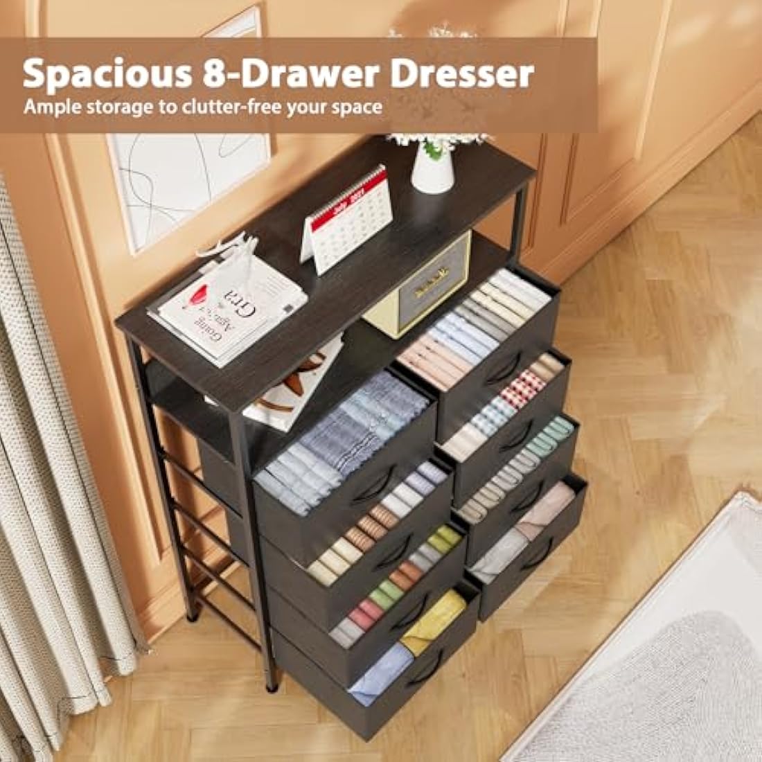 8-Drawer Fabric Dresser – Tall Bedroom Chest with Shelf