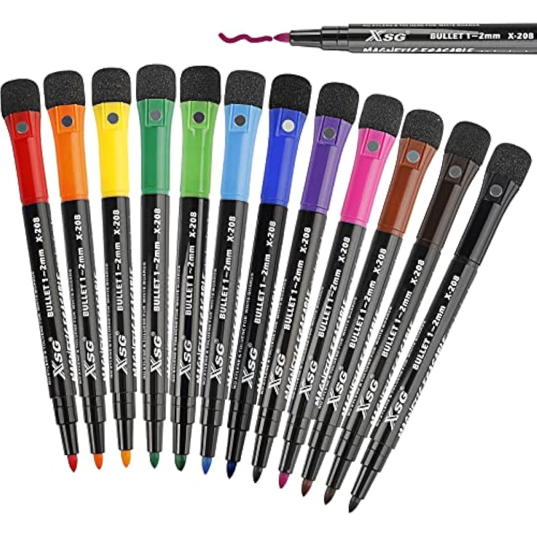 XSG Magnetic Dry Erase Markers – 12 Colors Fine Tip Whiteboard Pens