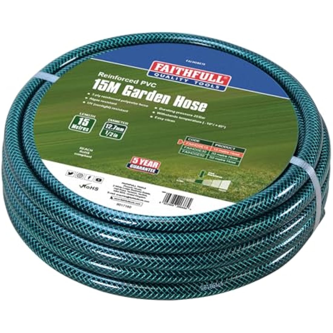 Faithfull 15M Reinforced PVC Garden Hose Pipe – 12.7mm Kink Resistant