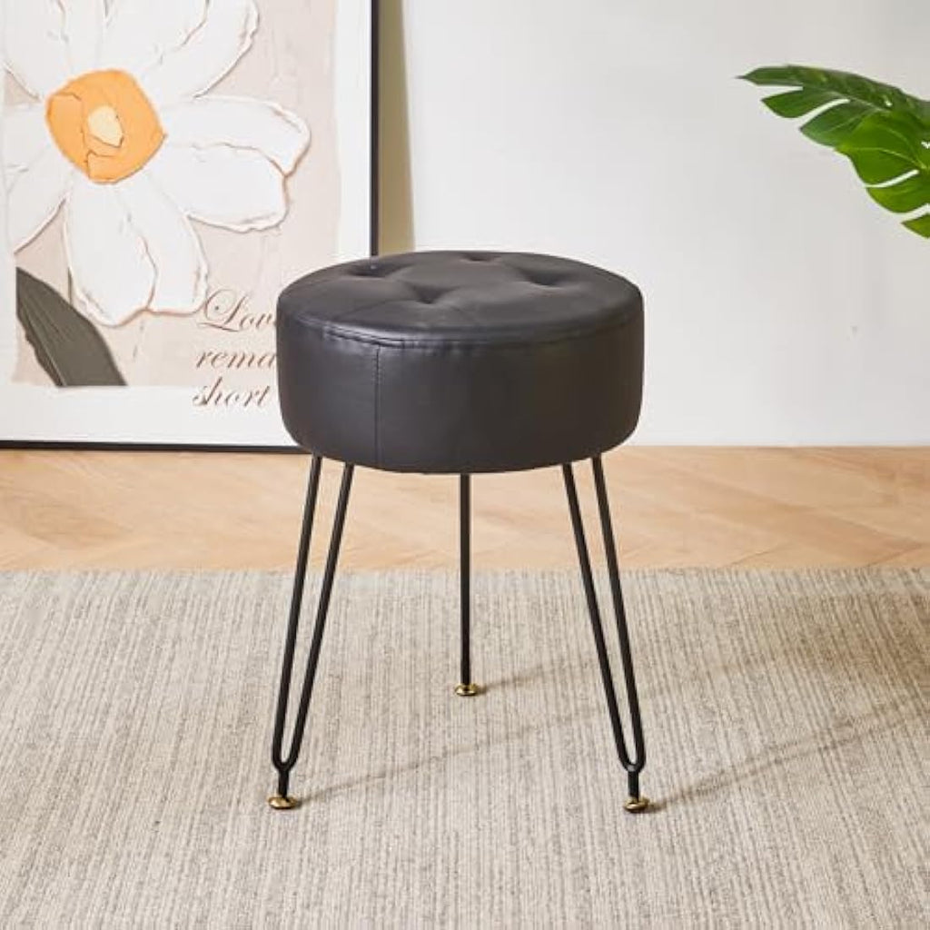 IBUYKE Faux Leather Round Vanity Stool – Modern Footrest with Gold Legs