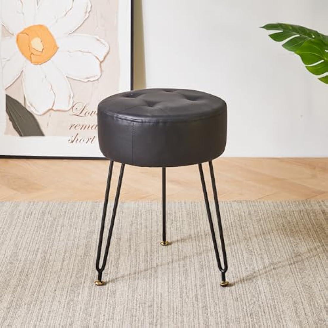 IBUYKE Faux Leather Round Vanity Stool – Modern Footrest with Gold Legs
