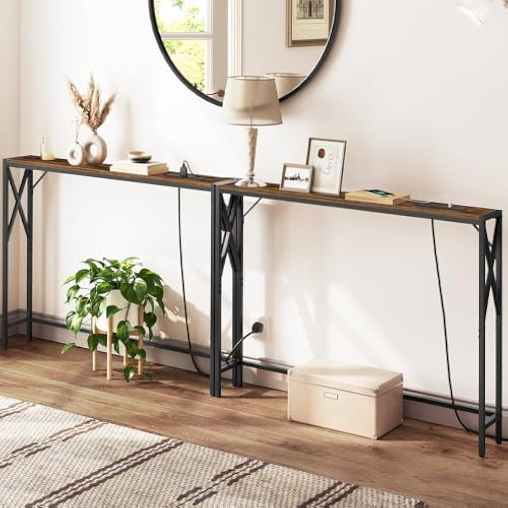 MAHANCRIS 2-Pack Console Table with Charging Station - Rustic Brown