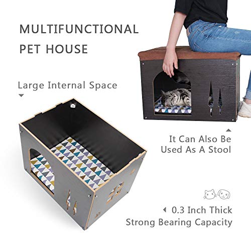Foldable Wood Cat Cave House | 3-in-1 Pet Stool Ottoman