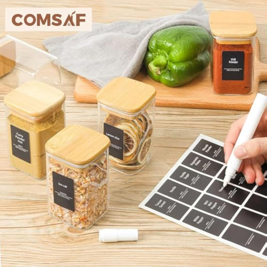 ComSaf 12 Pcs Square Glass Spice Jars with Bamboo Lids and Labels, 8oz
