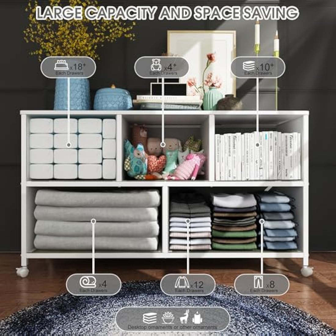 5-Drawer Fabric Dresser | Rolling Storage Chest - White