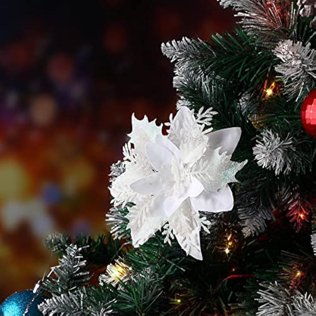 12Pcs White Glitter Poinsettia Artificial Christmas Flowers