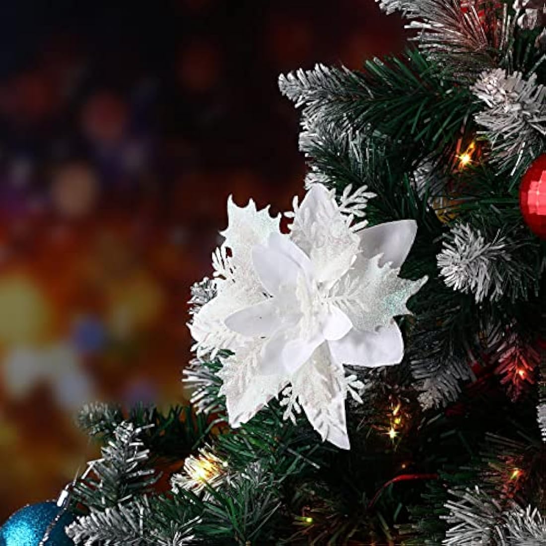 12Pcs White Glitter Poinsettia Artificial Christmas Flowers