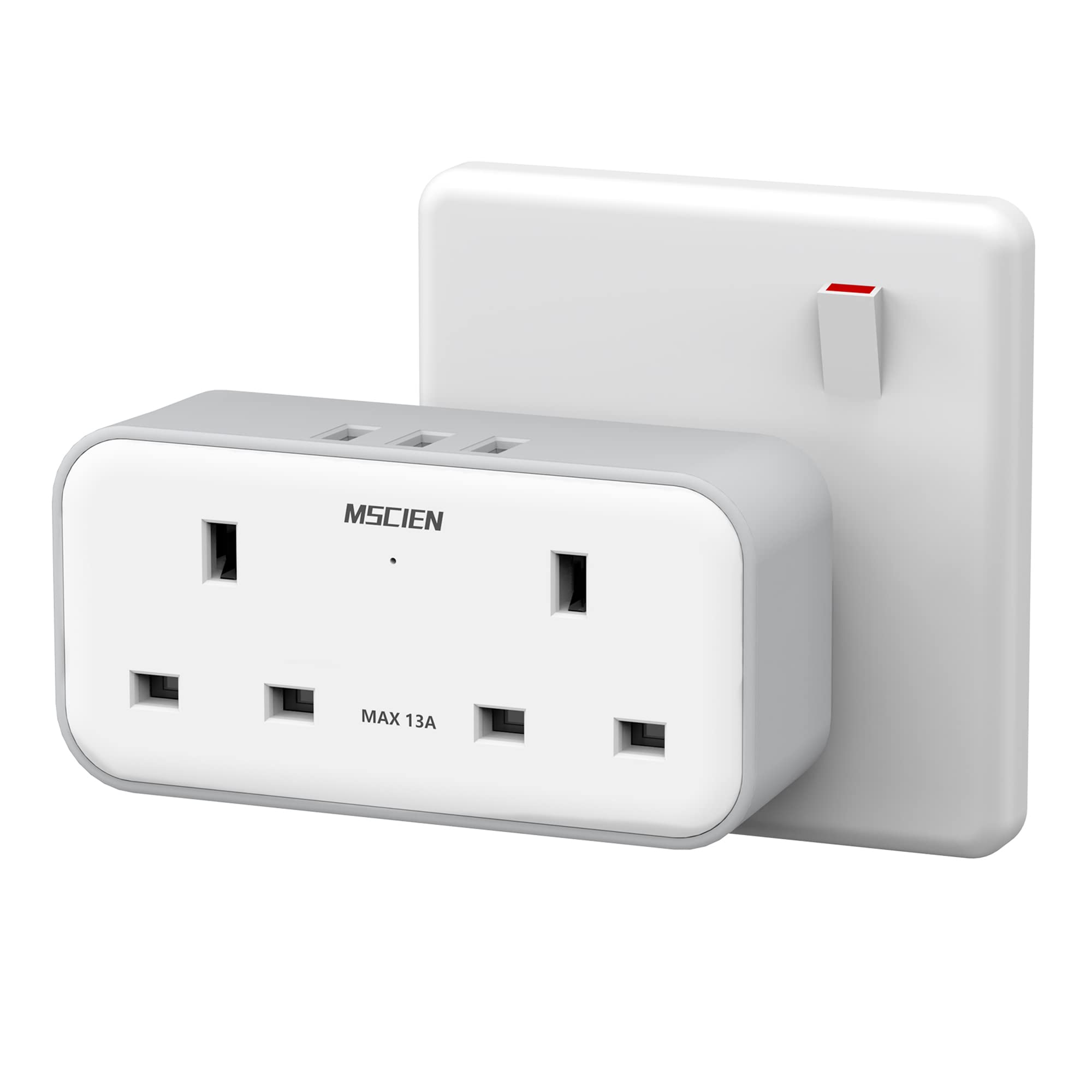 Mscien Double Plug Adaptor with 3 USB – 13A UK Surge Protected Extender