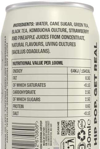 Hip Pop Strawberry & Pineapple Kombucha – Vegan Probiotic Drink, 24 x 330ml