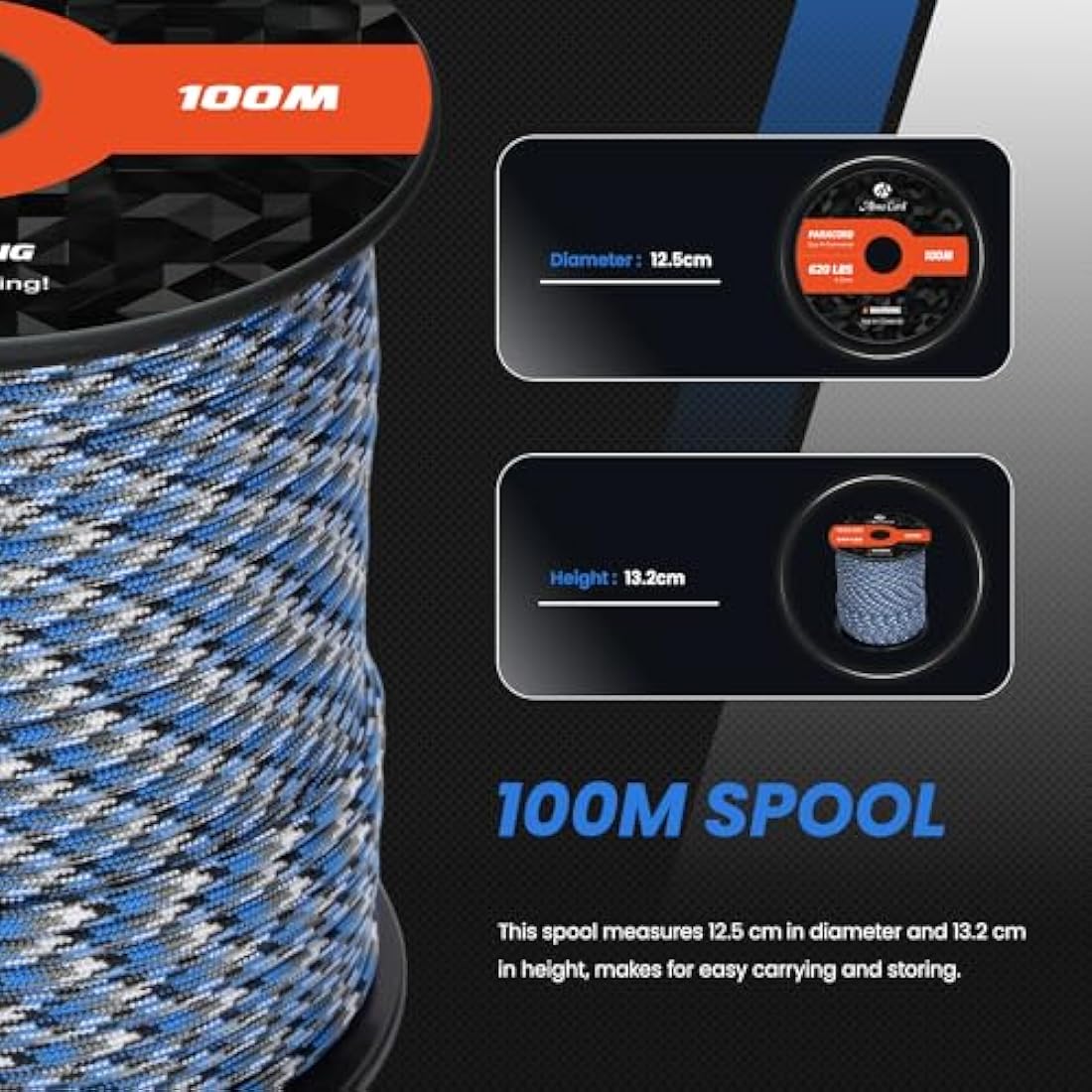Abma Cord 4mm Type III Nylon Paracord - 100m 9-Strand Rope, Blue Snake