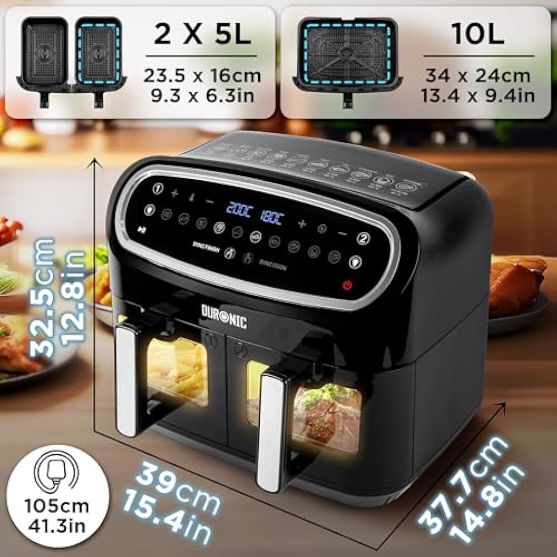 Duronic AF34 Triple Drawer 10L Digital Air Fryer | Dual Zone Visual Window