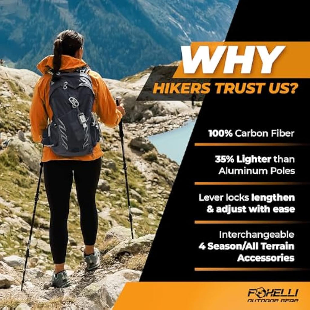 Foxelli Carbon Fiber Trekking Poles – Lightweight Collapsible Hiking Sticks