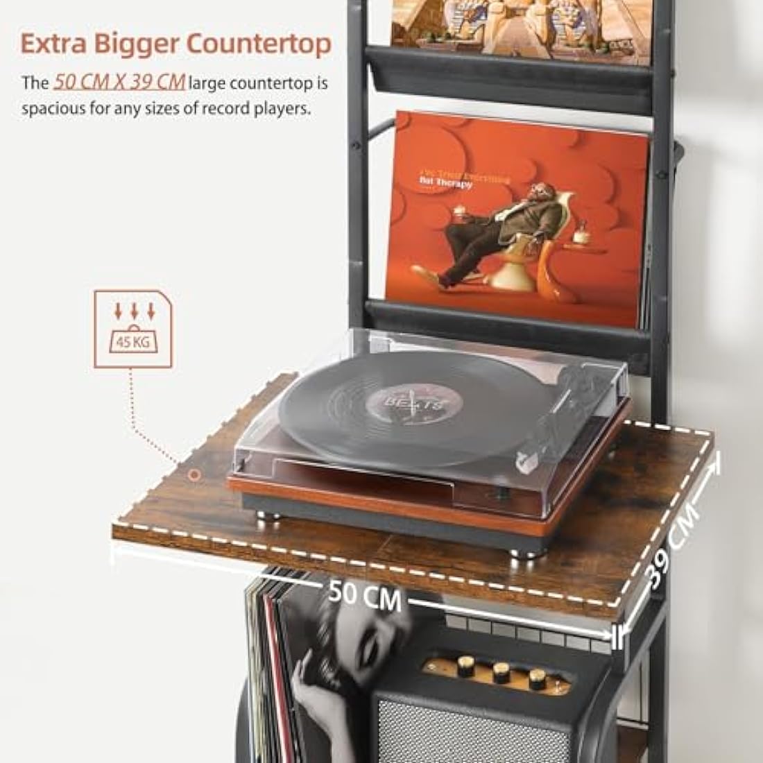 VINCOURNA 3-Tier Vinyl Record Storage Stand - 200 Album Turntable Holder