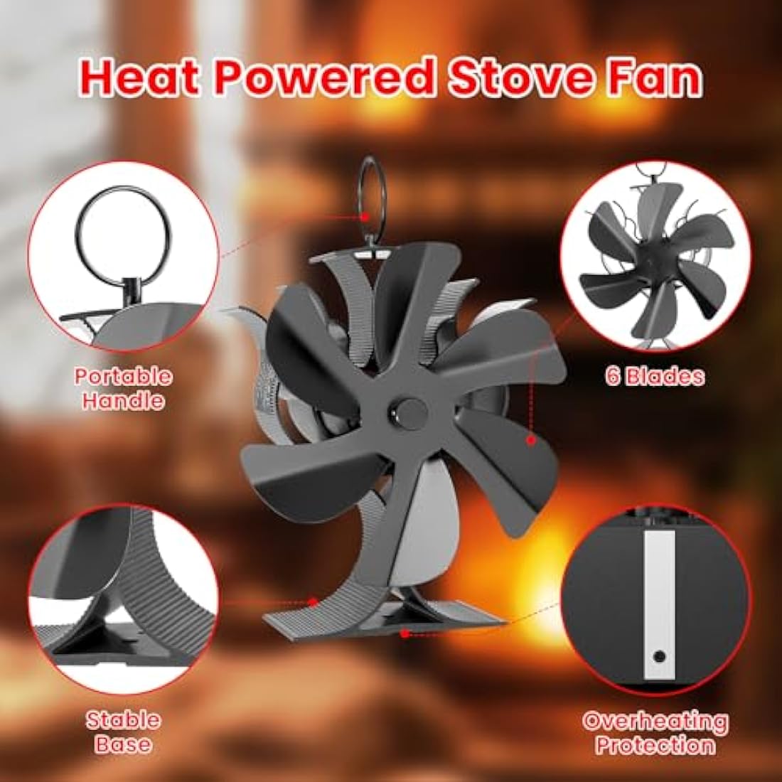 6-Blade Heat Powered Wood Burner Fan with Thermometer